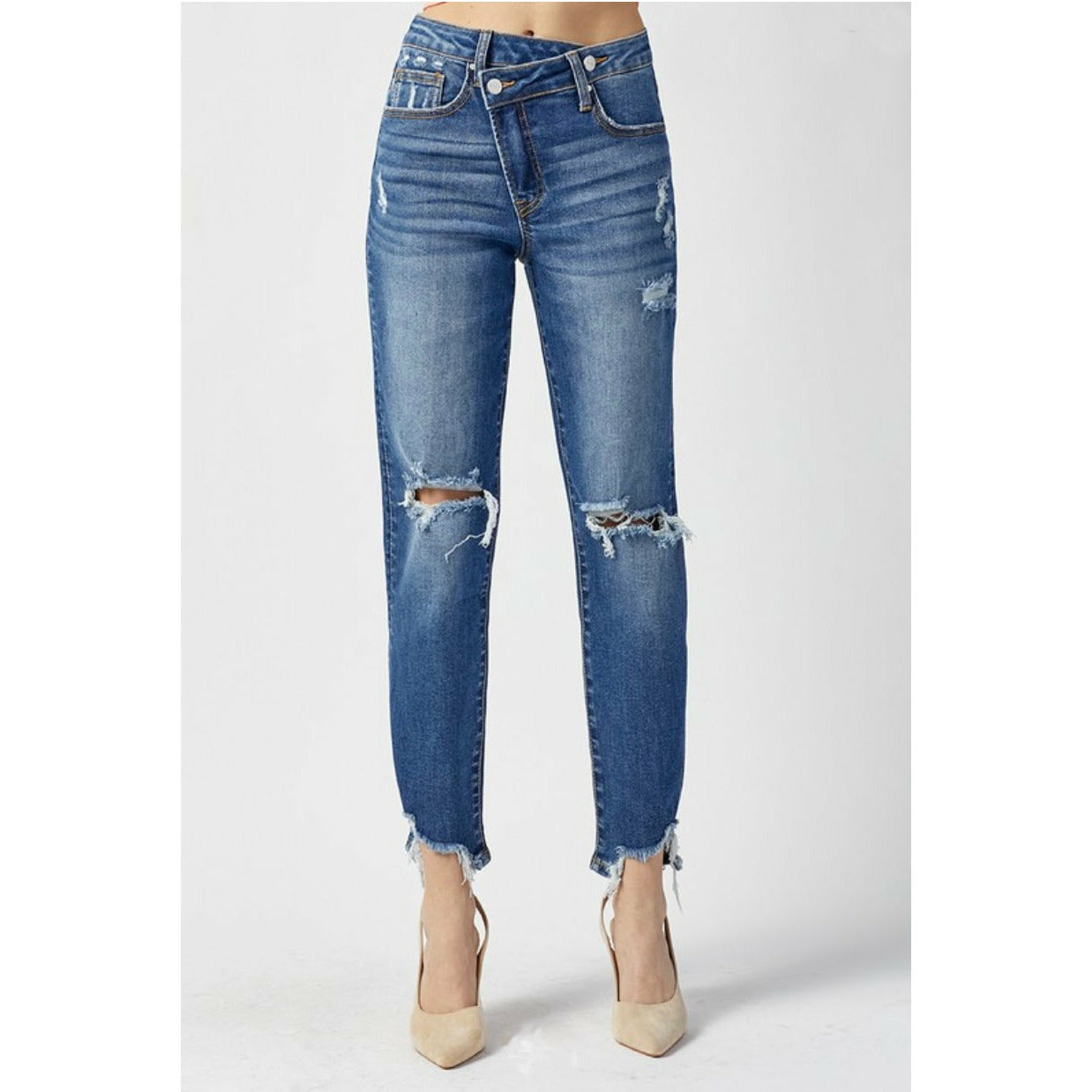 CROSSOVER DISTRESSED JEANS - Butterfly Alley Jewelry
