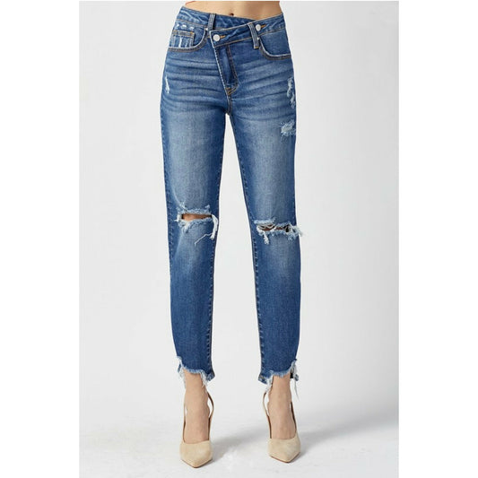 CROSSOVER DISTRESSED JEANS - Butterfly Alley Jewelry