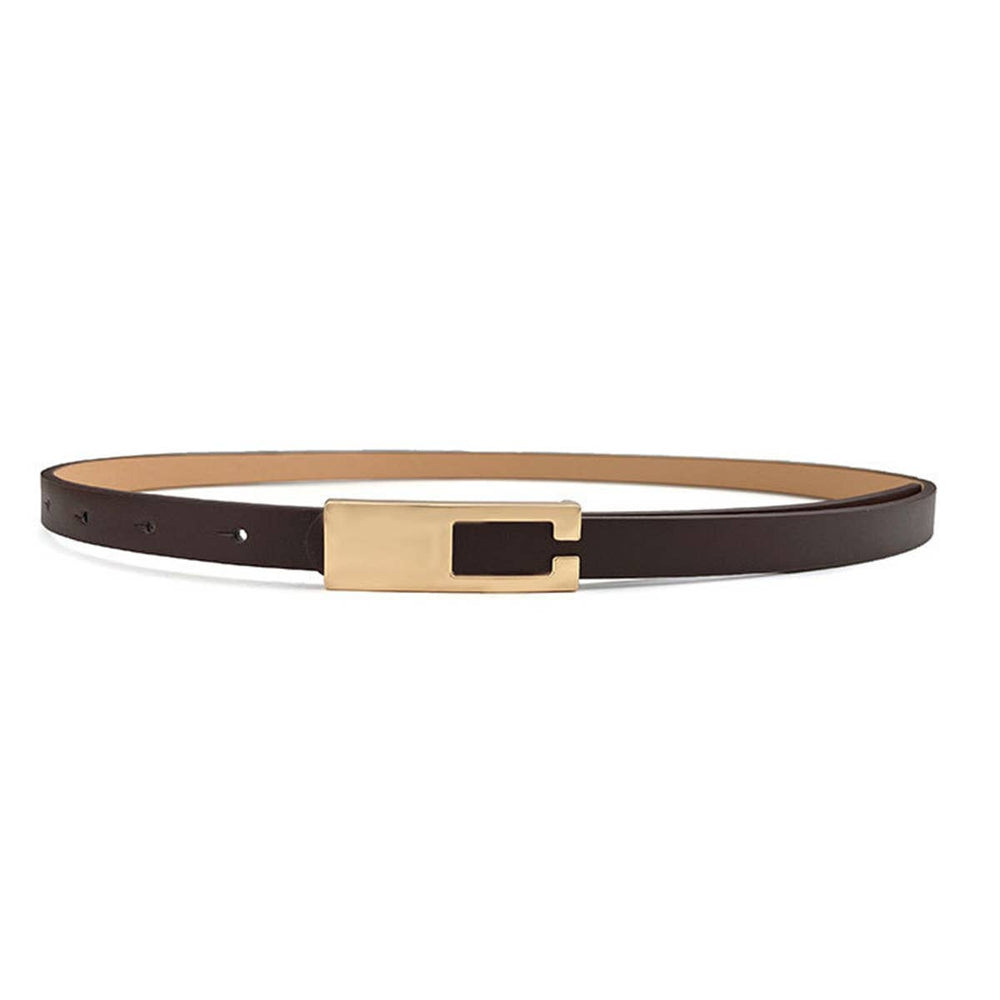 Camden Belt brown skinny belt with gold rectangular buckle laid flat