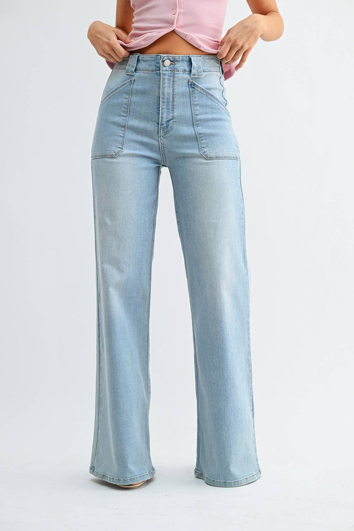 Light wash high-rise wide leg flare jeans with patch pockets, shown front and back