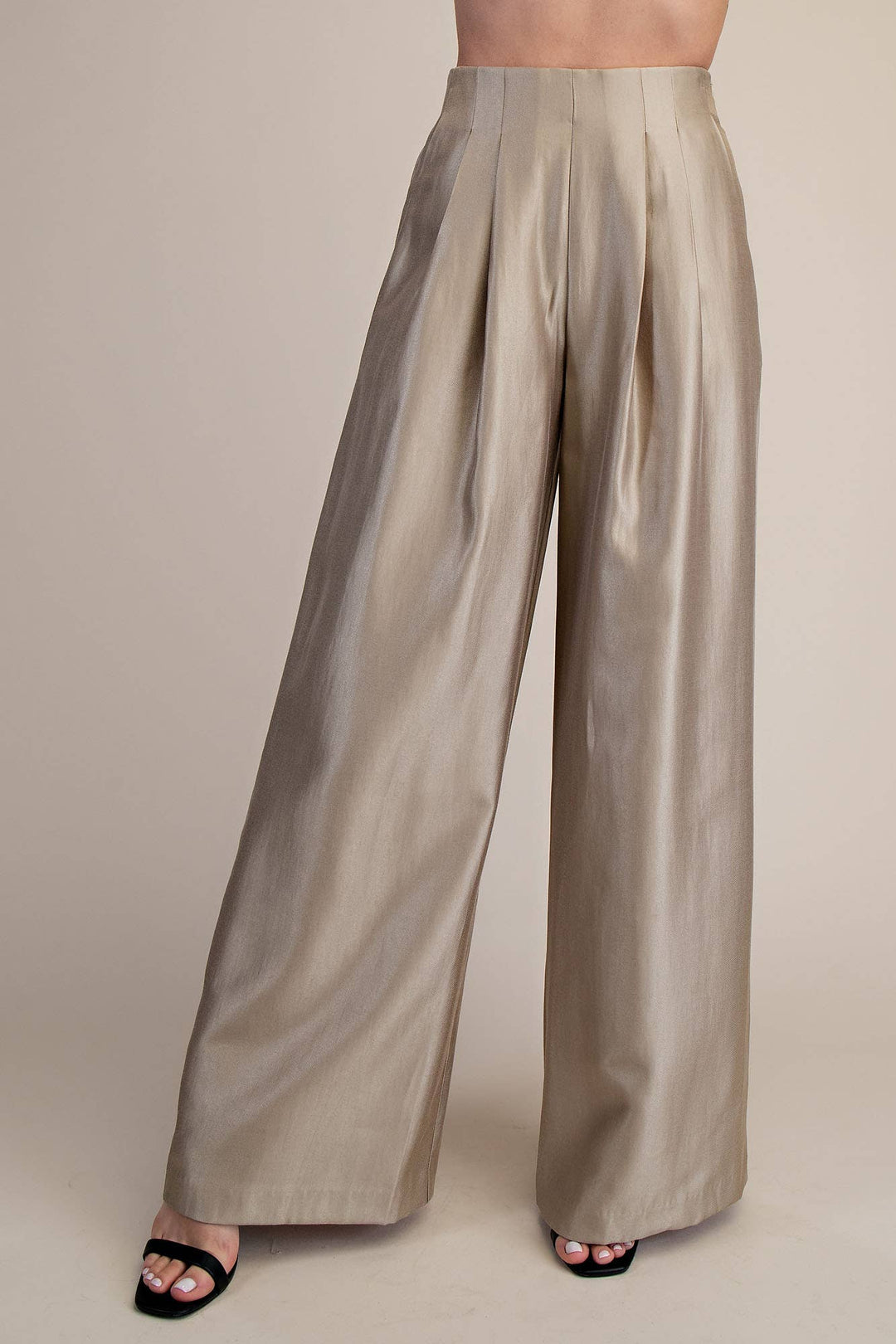 Champagne-toned high-waisted pleated wide leg pants with a luxe satin-inspired sheen and flowy tailored silhouette.