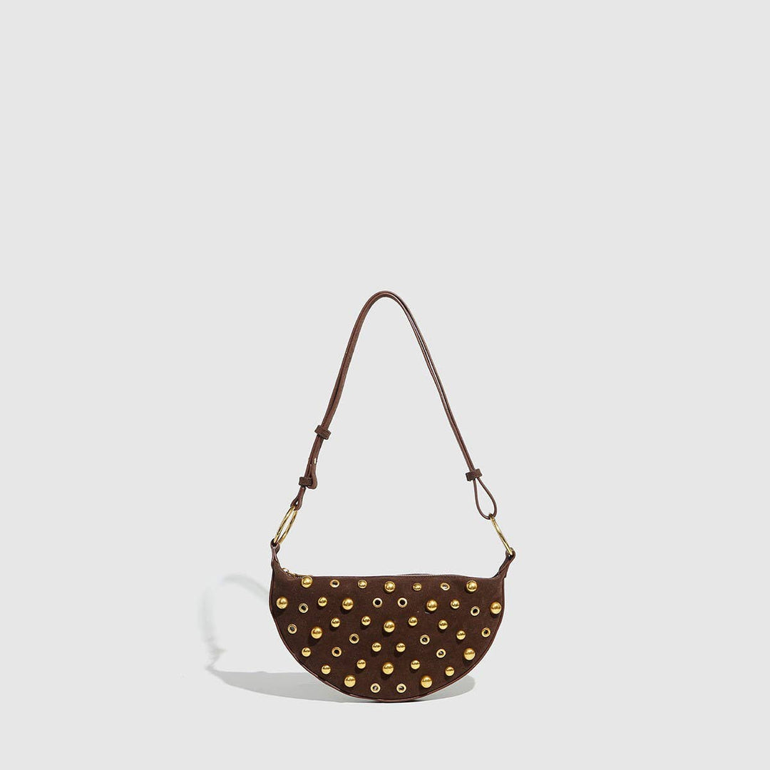 Brown studded shoulder bag with gold hardware and adjustable strap