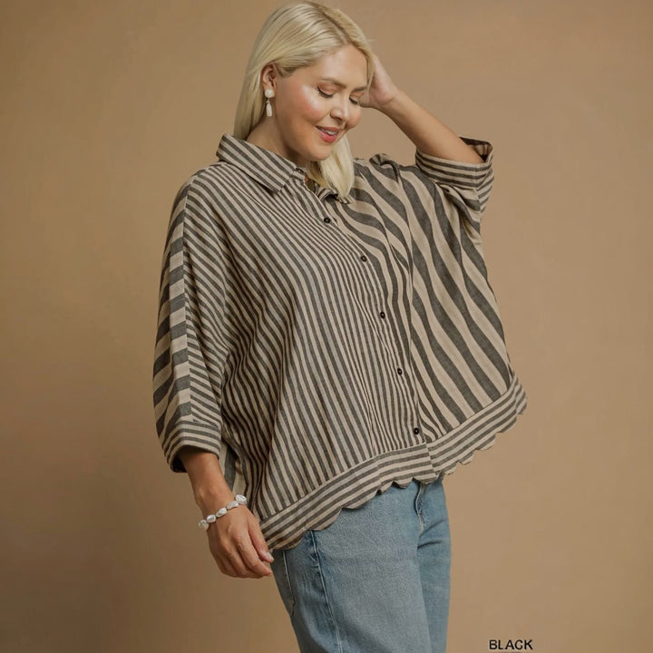 HARBOR STRIPE BUTTON-UP BLOUSE - PLUS
