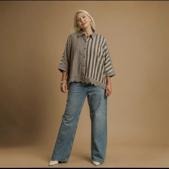 HARBOR STRIPE BUTTON-UP BLOUSE - PLUS