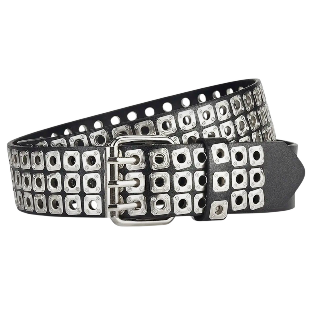Black belt with silver stud detailing on a white background