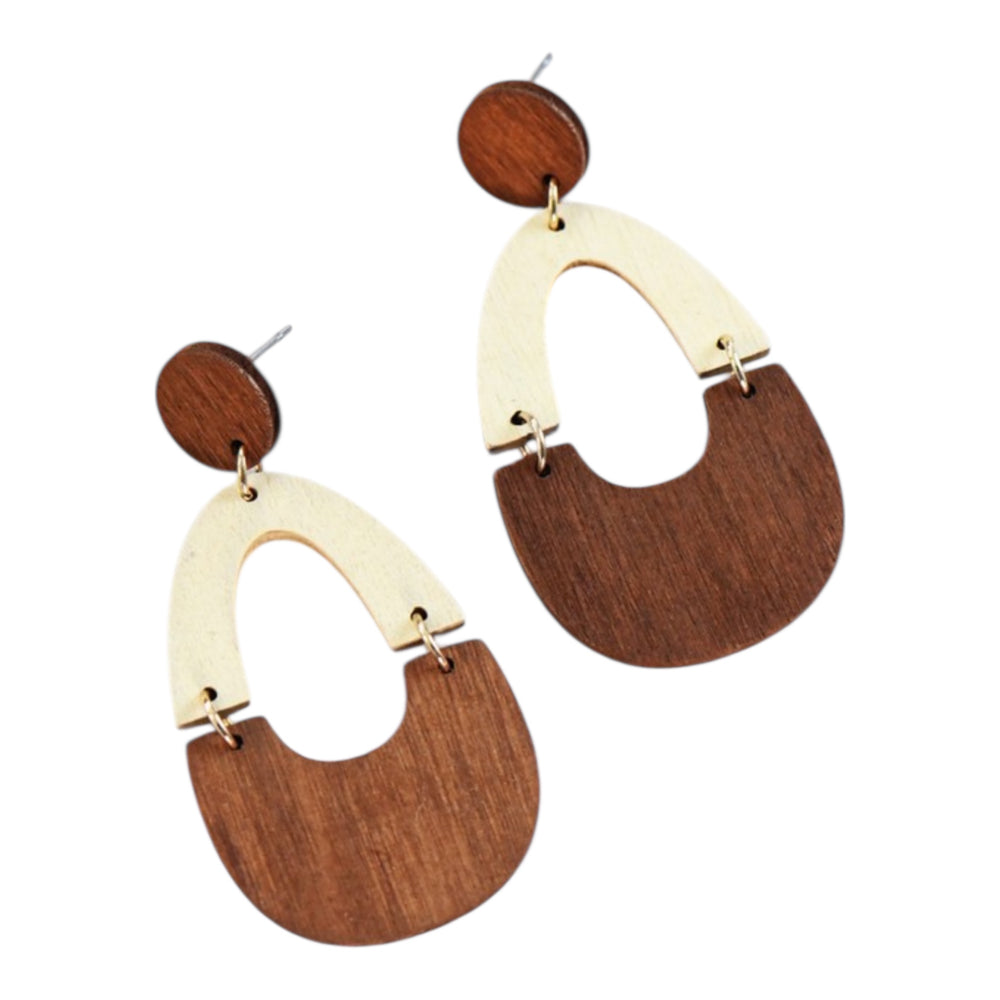 Wooden earrings with a half-circle design on a white background