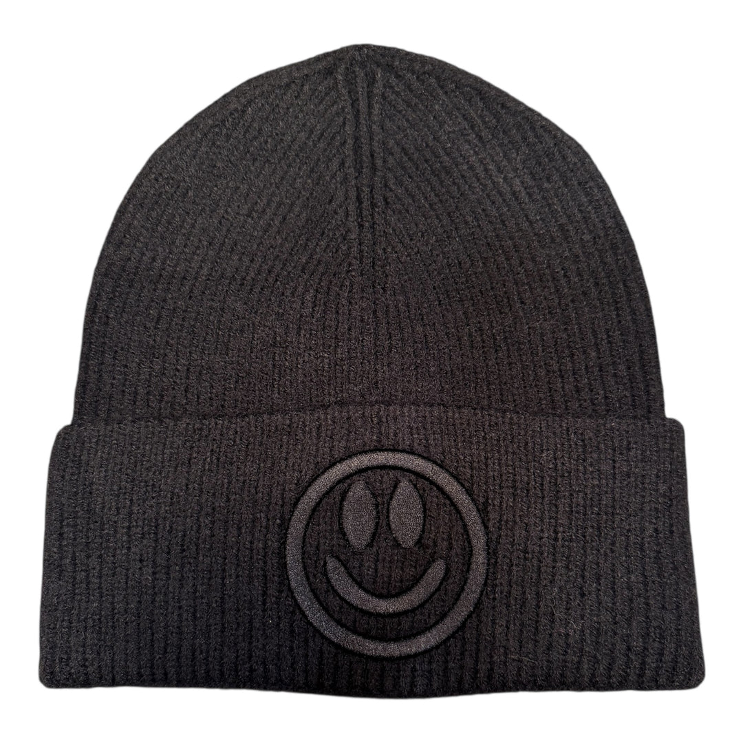 Black beanie with a smiley face logo on a white background