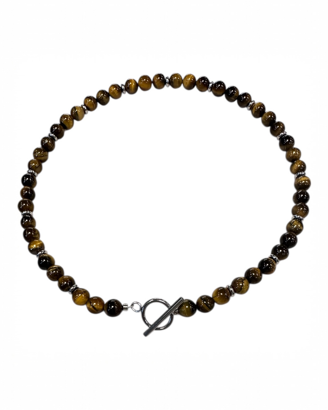 Beaded tigers eye necklace with a toggle clasp on a white background