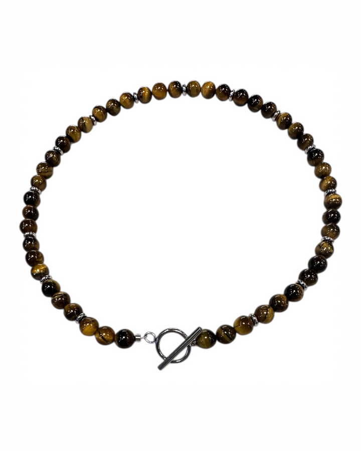Beaded tigers eye necklace with a toggle clasp on a white background