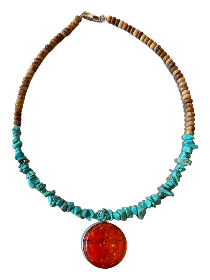 Handmade turquoise and jasper beaded necklace with round amber pendant