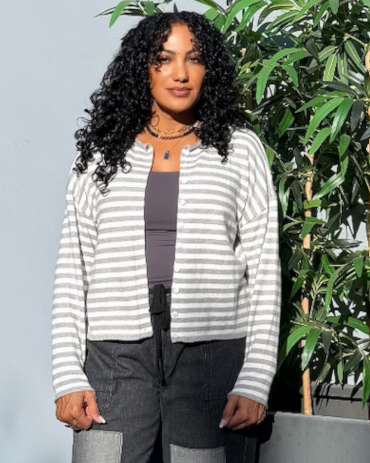 model wearing Weekender Cardigan over a tank, styled with grey wide-leg pants