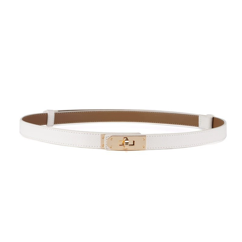 Slim adjustable skinny belt with a gold turn-lock buckle, available in black and white leather finishes.