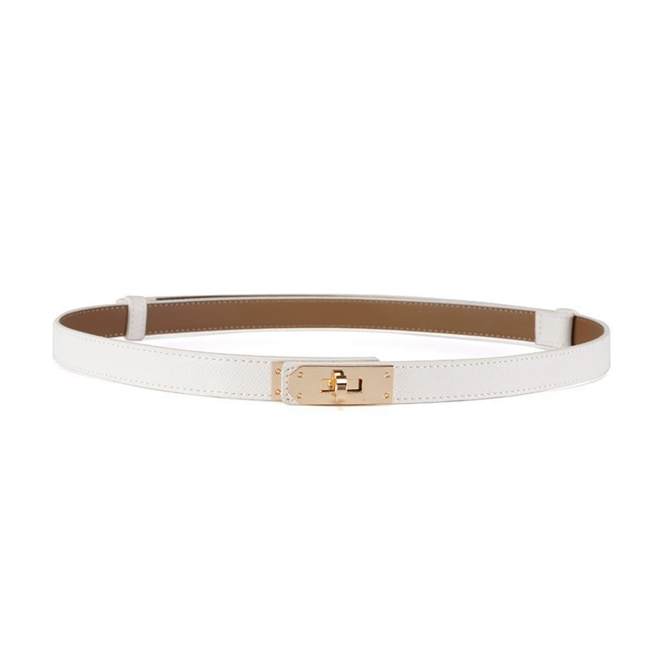 Slim adjustable skinny belt with a gold turn-lock buckle, available in black and white leather finishes.