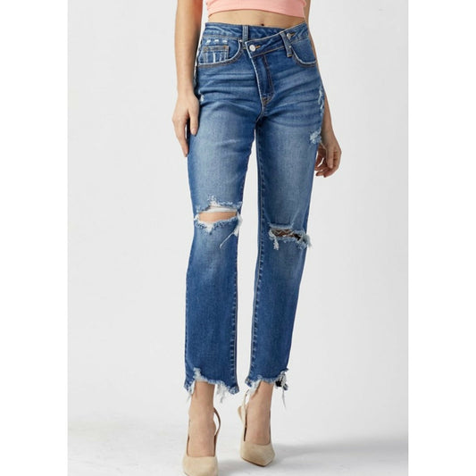 CROSSOVER DISTRESSED JEANS - Butterfly Alley Jewelry